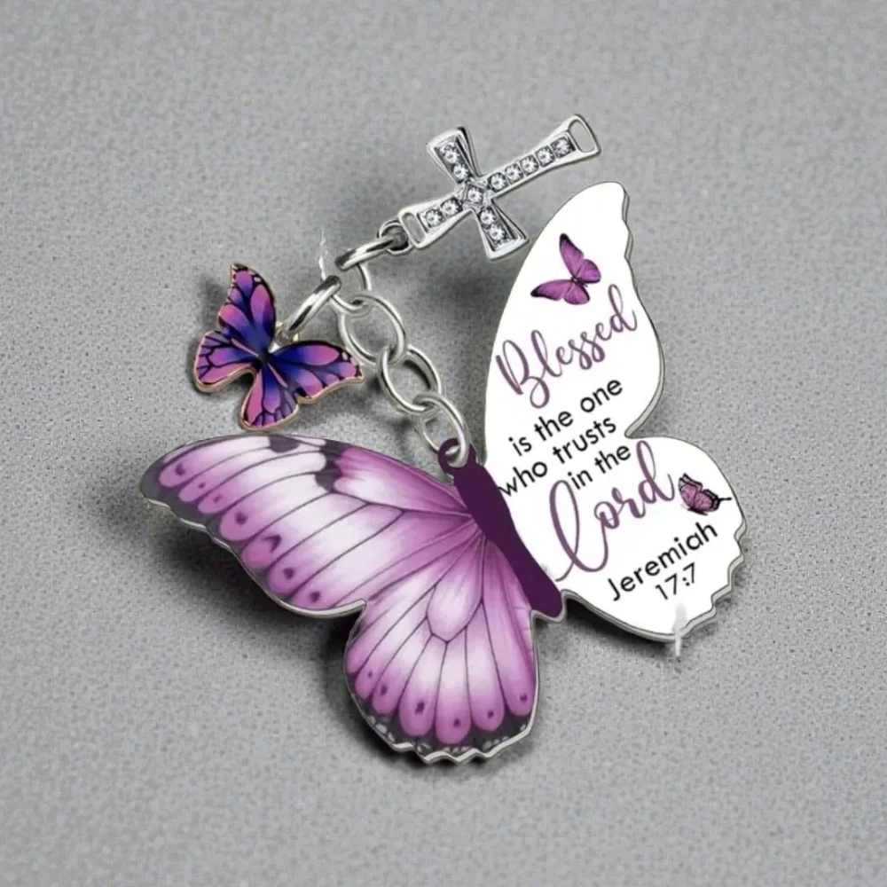 Inspirational Butterfly and Cross Charm Bracelet With Scripture Keychain NIB